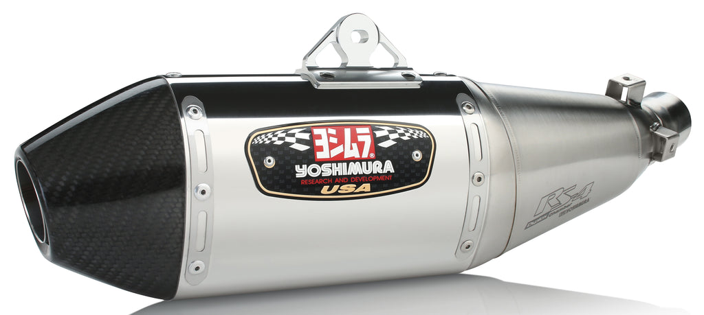 Yoshimura Street Rs-4 slip-on exhaust with stainless steel and carbon fiber components, designed for enhanced motorcycle performance.