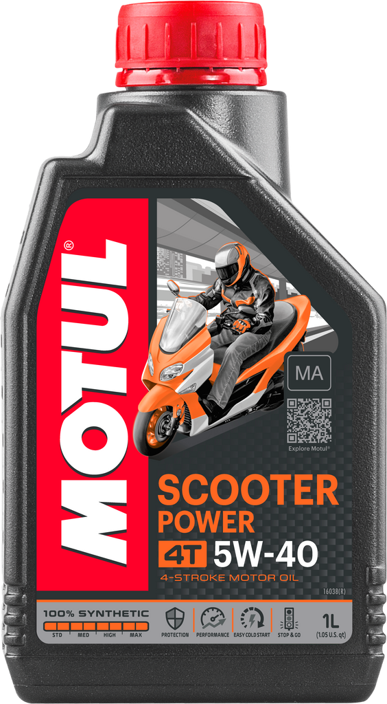 Motul Scooter Synthetic Oil 4T 5W40 1L bottle, motor oil for scooters, with product label visible.
