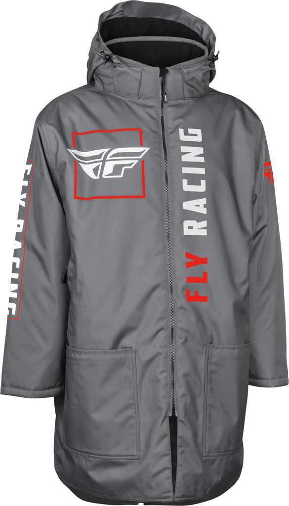 Fly Racing Pit Coat in grey and red, showing a lightweight, protective motorcycle gear jacket with Fly Racing branding.
