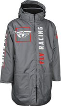 Load image into Gallery viewer, Fly Racing Pit Coat in grey and red, showing a lightweight, protective motorcycle gear jacket with Fly Racing branding.