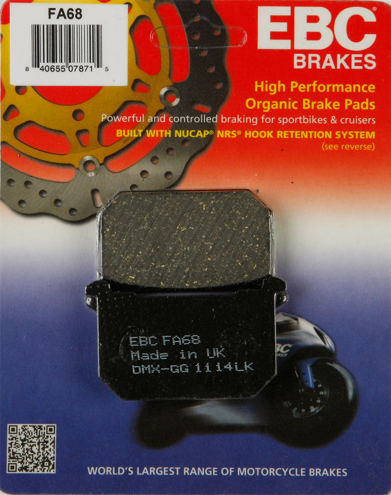 EBC Motorcycle Brakes Fa68 Organic brake pads for motorcycles, showing the black brake pad with metal backing plate.
