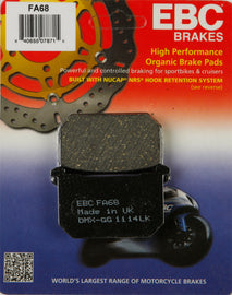 EBC Motorcycle Brakes Fa68 Organic brake pads for motorcycles, showing the black brake pad with metal backing plate.