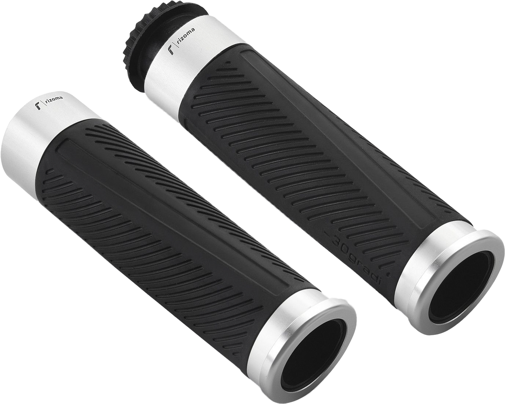 Silver RIZOMA 30 Gradi 22mm motorcycle grips with ergonomic design and textured surface for enhanced grip and control.