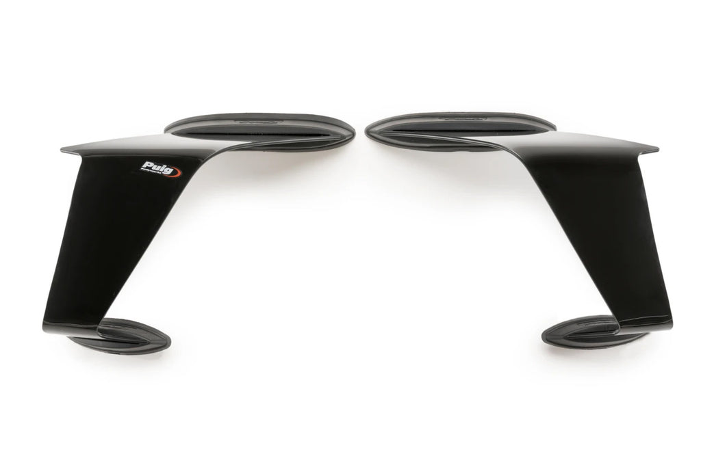Black PUIG Race Side Spoilers for Kawasaki, body-mounted aerodynamic accessories with a sleek, sporty design.