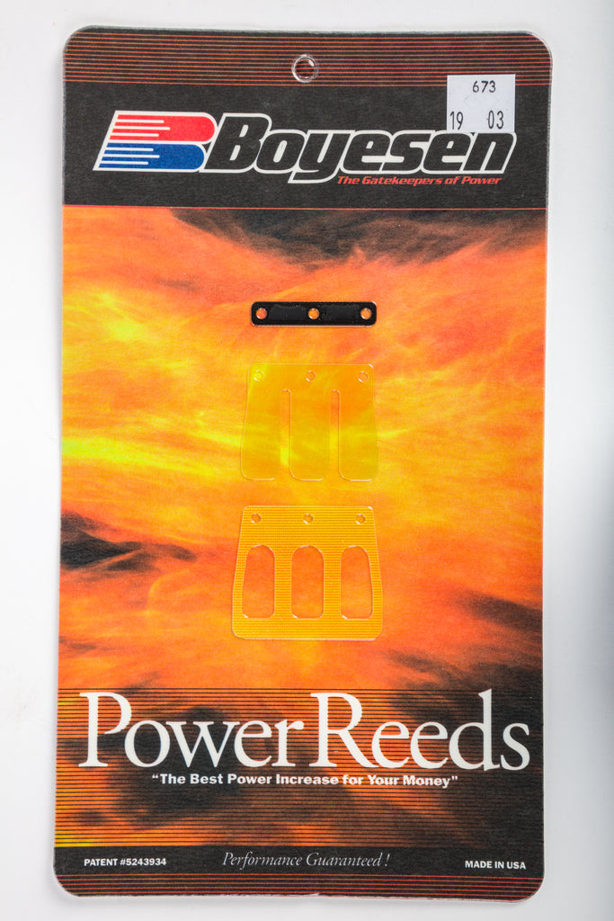 Boyesen motorcycle reeds for intake and carburetor system, showing the high-quality reed plates with brand markings.