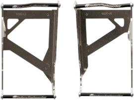 Enduro Engineering Radiator Braces Guards installed on motorcycle radiator for protection, in black with branding details.
