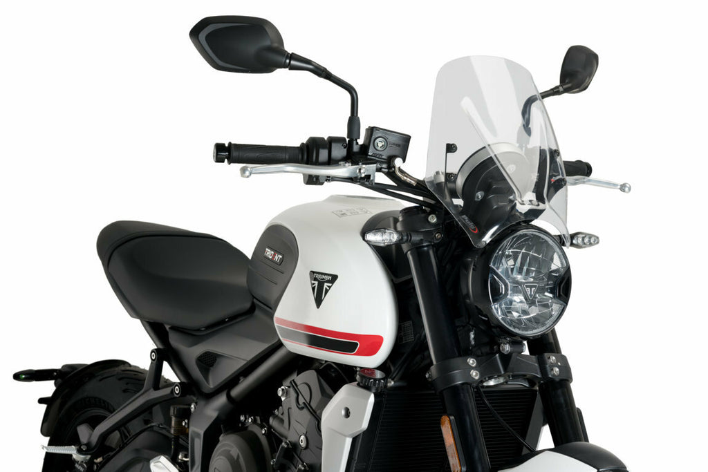 PUIG Naked New Gen Sport clear windshield, lightweight motorcycle windscreen with a sleek design and transparent finish.