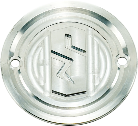 Sawicki Speed Shop Harley engine timing cover in raw billet aluminum with stainless steel hardware, detailed close-up view.