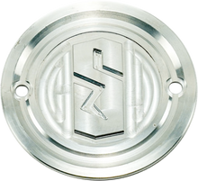 Load image into Gallery viewer, Sawicki Speed Shop Harley engine timing cover in raw billet aluminum with stainless steel hardware, detailed close-up view.