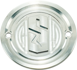 Sawicki Speed Shop Harley engine timing cover in raw billet aluminum with stainless steel hardware, detailed close-up view.