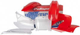 Red Polisport Plastics body kit for off-road motorcycles, made of durable plastics, designed for easy installation and protection.