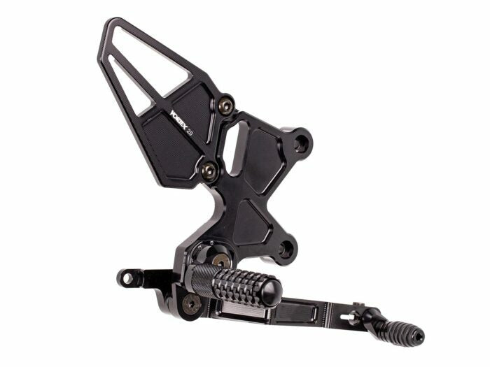 VORTEX rear set foot controls in black for Kawasaki, featuring durable foot pegs and shift/brake levers for motorcycle riding.
