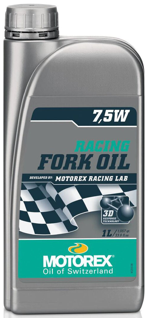Motorex Low Friction Racing Fork Oil 7.5w 1L bottle, ideal for motorcycle suspension forks, with label and cap visible.