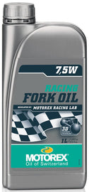 Motorex Low Friction Racing Fork Oil 7.5w 1L bottle, ideal for motorcycle suspension forks, with label and cap visible.