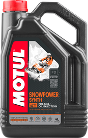 Motul Snowpower Syn 2T engine oil in a 4-liter bottle, shown with a 4-pack case, for snowmobile and two-stroke engine lubrication.