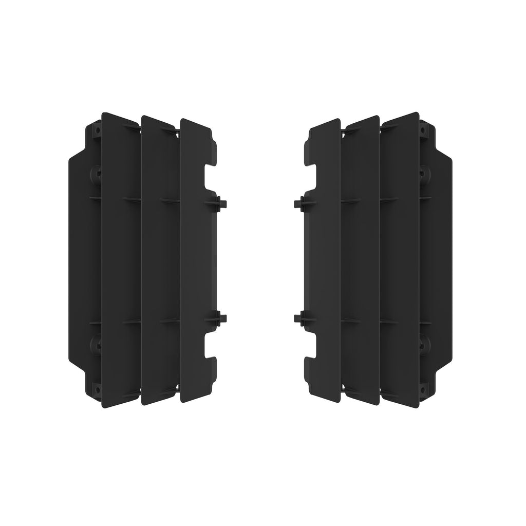 Polisport Plastics radiator louvers for Kawasaki motorcycle, body accessory with vented design, in black plastic.
