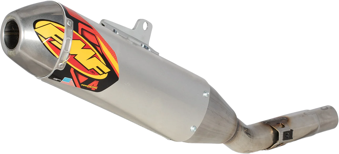 FMF ACCEL FMF Q4 Hex Slip-On Exhaust for motorcycles, showing the sleek metal finish and compact design