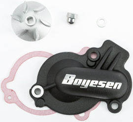 Boyesen black waterpump cover and impeller kit for KTM, Husqvarna, and Gas Gas motorcycles, featuring durable black finish.