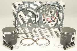 Wiseco standard bore piston kit with dual rings, automotive engine components, showing pistons and rings in a clean setting.