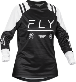 Fly Racing Women's F-16 Jersey in black and white, lightweight motocross jersey with breathable fabric and logo details.