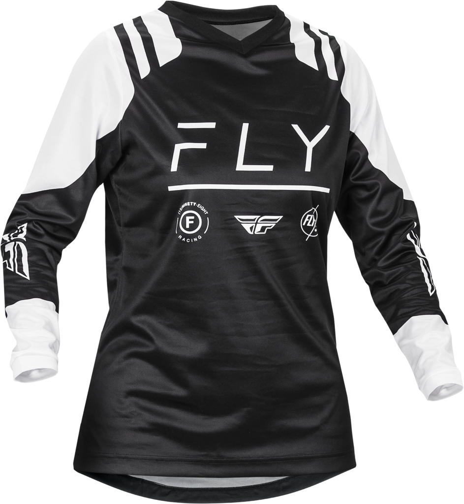 Fly Racing Women’s F-16 jersey in black and white featuring a fitted design and breathable fabric, displayed on a mannequin.