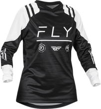 Load image into Gallery viewer, Fly Racing Women’s F-16 jersey in black and white featuring a fitted design and breathable fabric, displayed on a mannequin.
