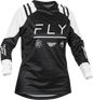 Fly Racing Women’s F-16 jersey in black and white featuring a fitted design and breathable fabric, displayed on a mannequin.