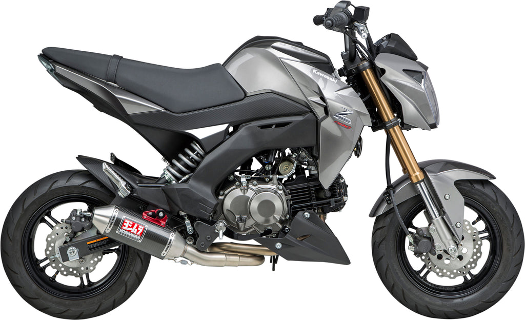 Yoshimura RS-2 Race exhaust full system with stainless steel and carbon fiber components, shown installed on a vehicle.
