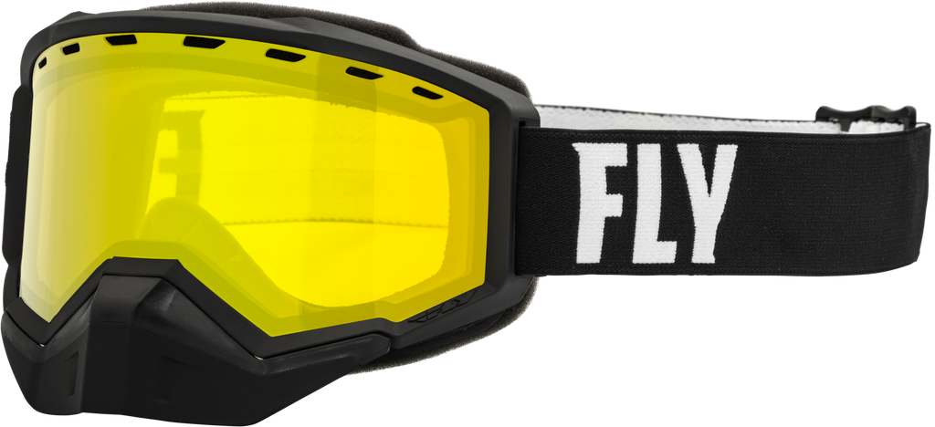 Fly Racing Focus snow goggles in black and white with yellow lens, designed for winter sports and snowboarding.
