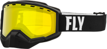 Load image into Gallery viewer, Fly Racing Focus snow goggles in black and white with yellow lens, designed for winter sports and snowboarding.