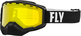 Fly Racing Focus snow goggles in black and white with yellow lens, designed for winter sports and snowboarding.