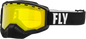 Fly Racing Focus snow goggles in black and white with yellow lens, designed for winter sports and snowboarding.