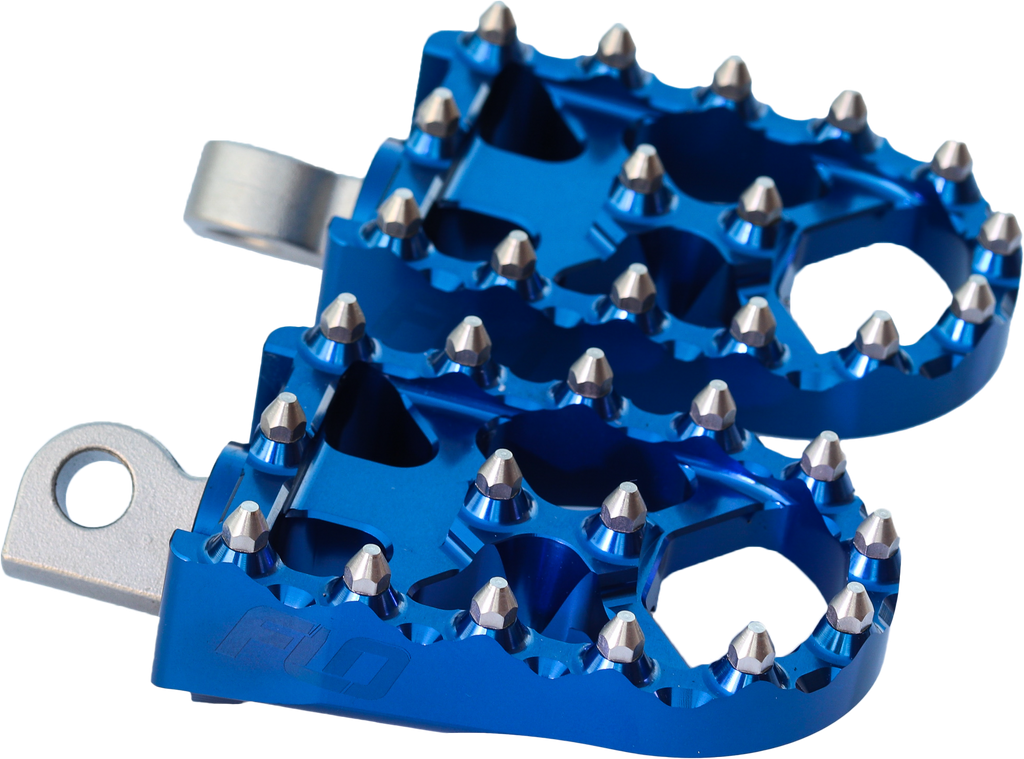 Flo Motorsports Moto Style Footpeg Set in blue, 2x3.125 inches, featuring durable foot controls for motorcycle riding.