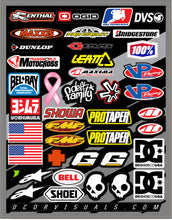 Load image into Gallery viewer, DCOR Helmet Logos decal sheet with various graphics, 9.5x12 inches, featuring bold helmet-themed designs and brand logo decals.