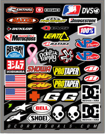 DCOR Helmet Logos decal sheet with various graphics, 9.5x12 inches, featuring bold helmet-themed designs and brand logo decals.