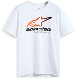 Alpine Star Aligned SS CSF Tee in white, short-sleeve casual T-shirt with logo print, size small, on a white background.