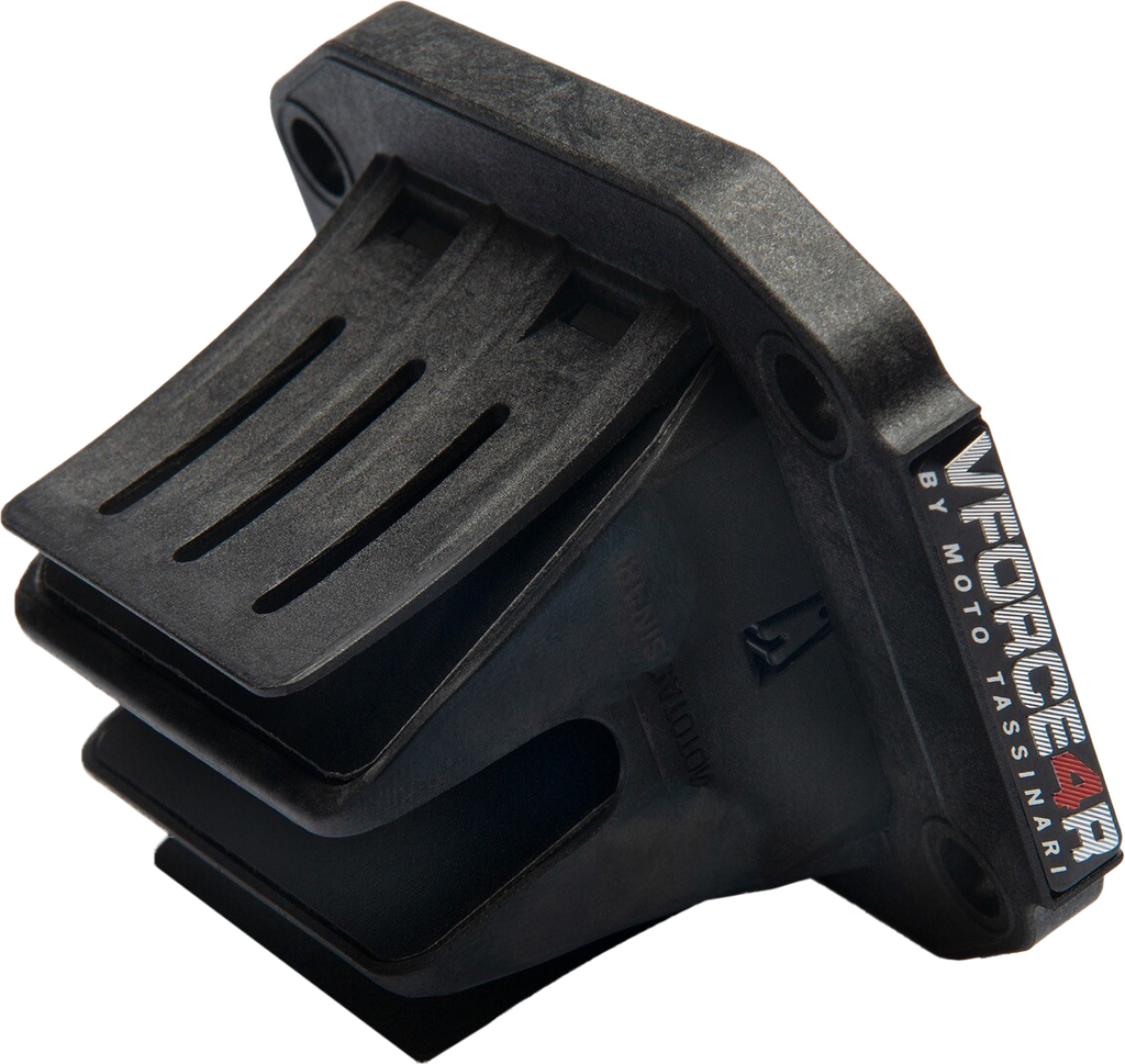 Moto Tassinari Vforce4 intake valve system for Honda CR80/85 motocross bikes, showing the carburetor and valve components.