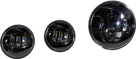 Black HardDrive LED headlight and passing lamp set, featuring modern design and multiple light modes for vehicle lighting.
