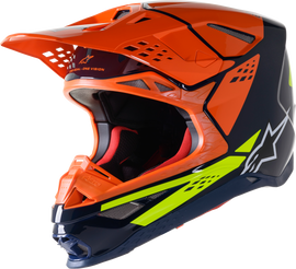 Alpine Star S.Tech S-M8 Factory helmet in dark blue, orange, and yellow fluorescent with a sleek design and ventilation details.