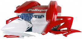 Polisport Plastics red and white plastic body kit for off-road motorcycle, showing front and side views with mounting details.