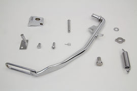 Chrome V-Twin FXD kickstand kit installed on motorcycle chassis, showcasing durable metal construction and sleek chrome finish.