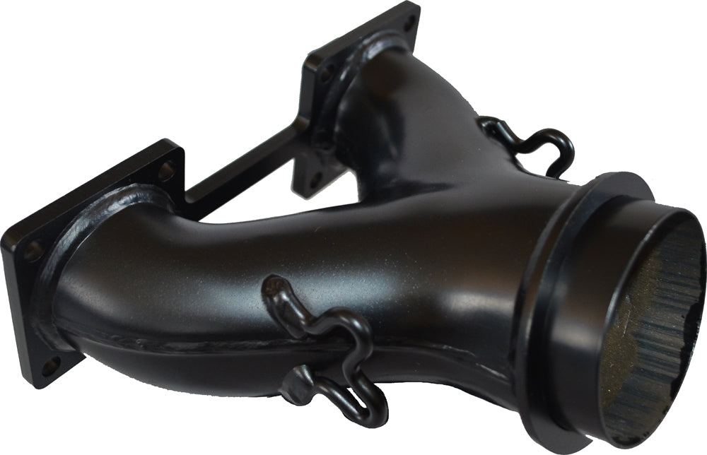 Straightline Performance black Y-pipe exhaust for improved vehicle airflow, showing the sleek metal pipe with welded joints.