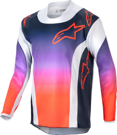 Alpine Star youth racing jersey in light grey, hot orange, and black with bold athletic design and branding details.