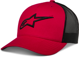 Alpine Star Ageless Trucker Hat in red and black with adjustable mesh back and embroidered logo, casual sports style.