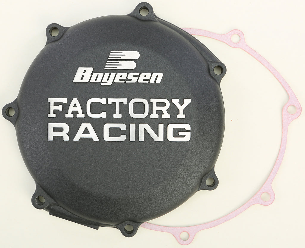 Boyesen Factory Racing Clutch Cover in black for off-road motorcycles, featuring the Boyesen logo and durable metal construction.