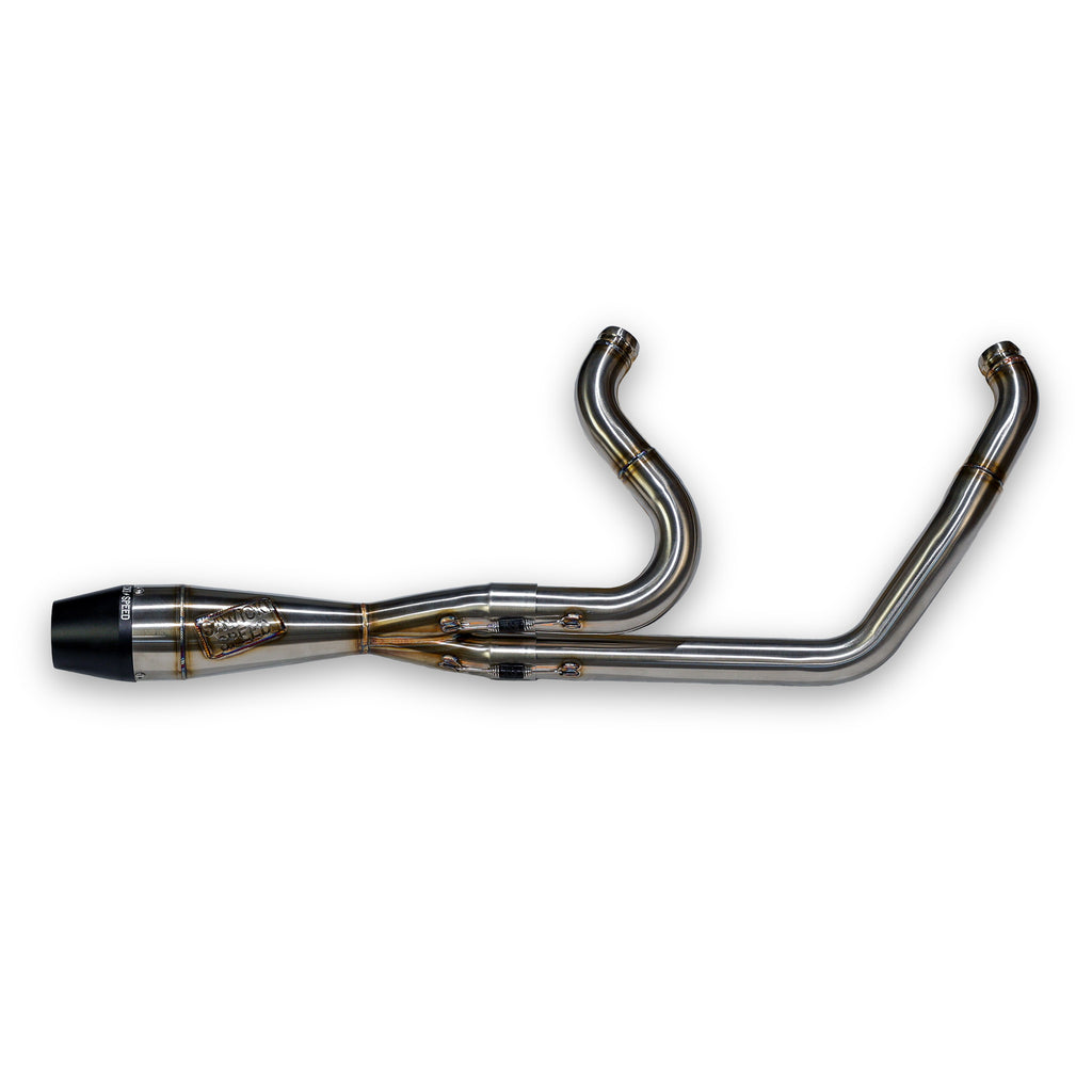 Sawicki Speed Shop M8 Softail shorty exhaust with brushed stainless steel finish and black end cap, motorcycle exhaust system.