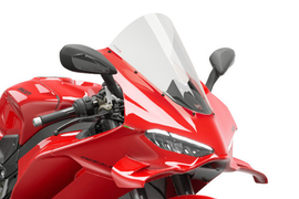 Clear PUIG windscreen for Ducati R-Racer motorcycle, showing a sleek, transparent windshield with mounting edges.