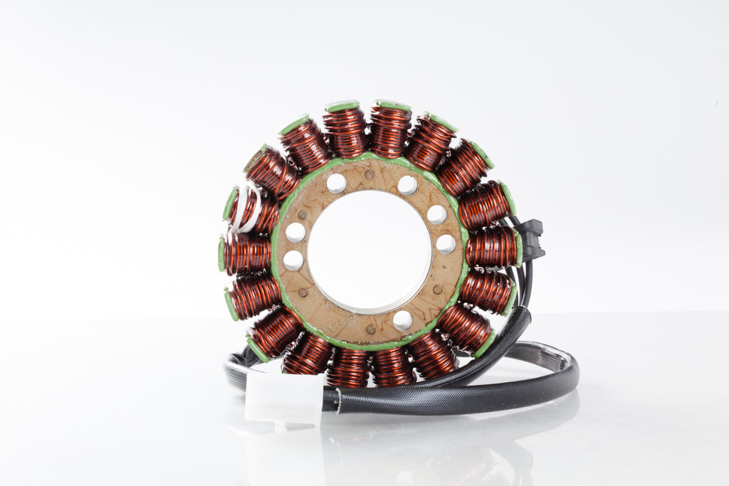 Ricks Motorsport Electric Stator 27-21214 for motorcycle, showing electrical component with wiring and metal coil in close-up view.