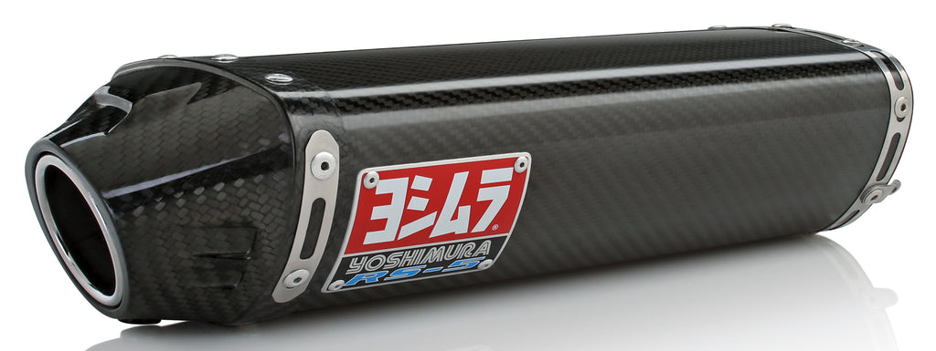 Yoshimura RS-5 Slip-On Exhaust for motorcycles, featuring stainless steel and carbon fiber components, installed on a bike.