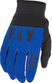 Blue and black Fly Racing Youth F-16 gloves with padded palms and adjustable wrist straps for a secure fit.